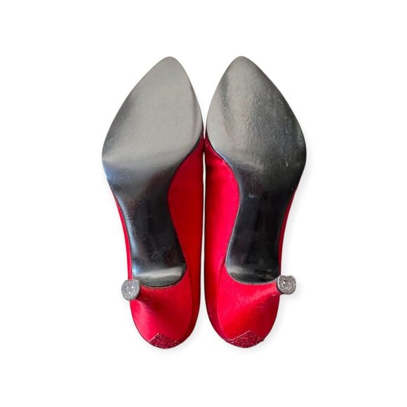 Vintage Delman Red Satin Rhinestone Heels 1950s Size 6B  Cocktail Pumps - Picture 10 of 15